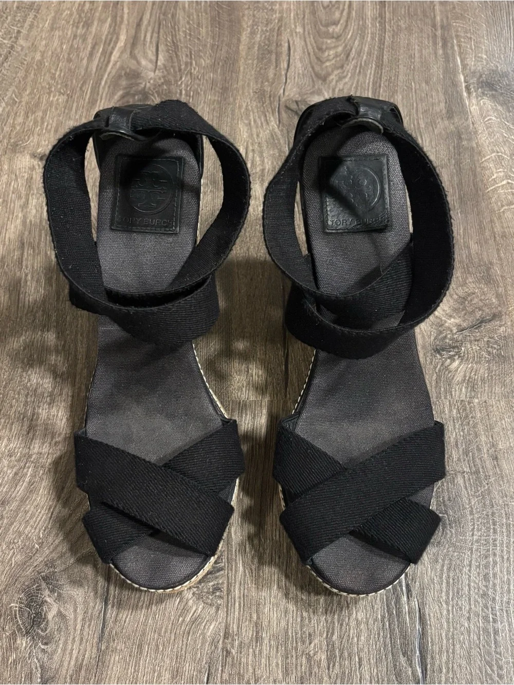 Tory Burch Adonis Elastic High Wedge 4.5”Espadrilles Black Womens size 11B ISSUE